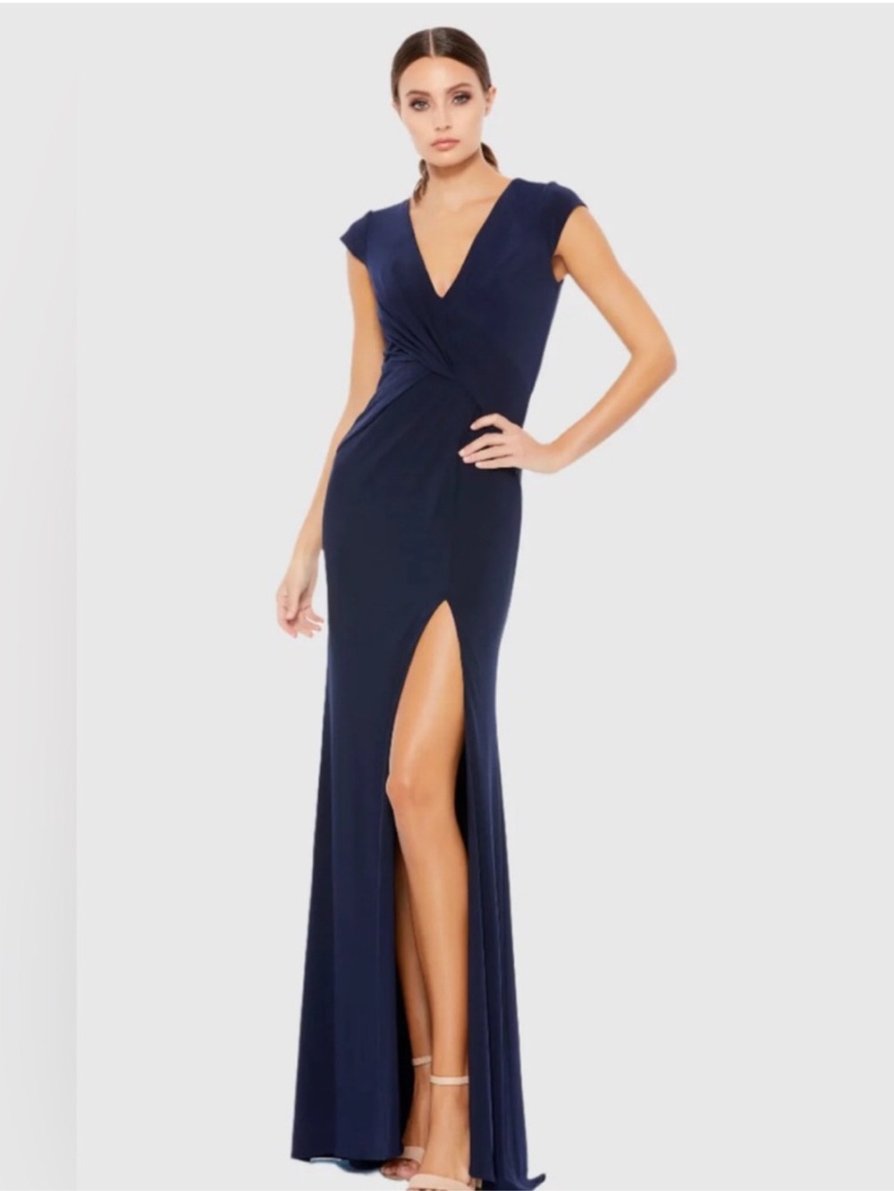 Mac Duggal / Navy V-Neck Cap Sleeve Maxi Gown with High Slit - Sz. 2 - NWT